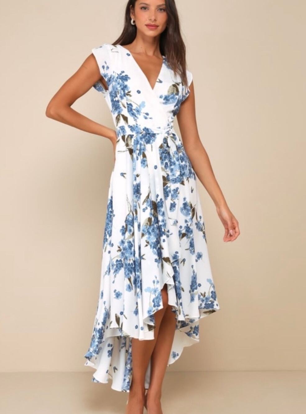 Lulus French Countryside White Blue Floral High-Low Dress Size Large